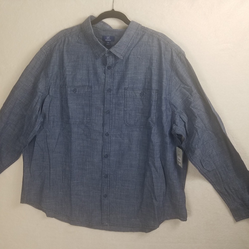 George Poplin Shirt Mens 3XL Blue NEW Long Sleeve Button Down Chambray Pocket